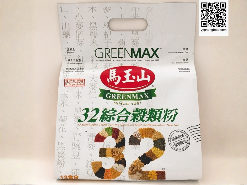 32 multi grains cereal no sugar added Greenmax Taiwan in a cup, showing sachets of sugar free multi grain powder made from non GMO whole grains for a healthy breakfast drink