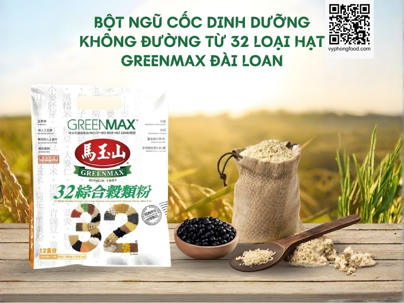 32 multi grains cereal no sugar added Greenmax Taiwan in a cup, showing sachets of sugar free multi grain powder made from non GMO whole grains for a healthy breakfast drink