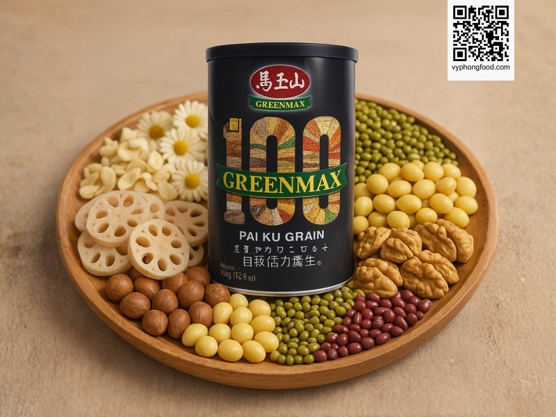 A premium multigrain nutrition image featuring the Greenmax Pai Ku Grain 450g powder from Taiwan, highlighting its 100-grain formula, health benefits, and daily usage guide.