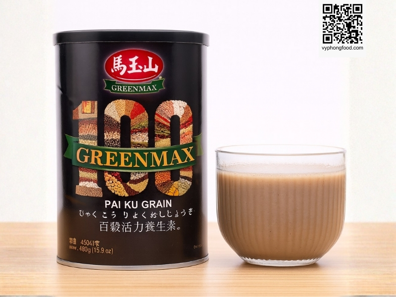 A premium multigrain nutrition image featuring the Greenmax Pai Ku Grain 450g powder from Taiwan, highlighting its 100-grain formula, health benefits, and daily usage guide.