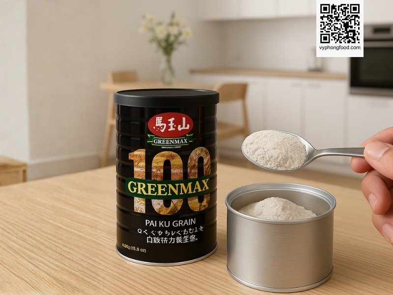 A premium multigrain nutrition image featuring the Greenmax Pai Ku Grain 450g powder from Taiwan, highlighting its 100-grain formula, health benefits, and daily usage guide.