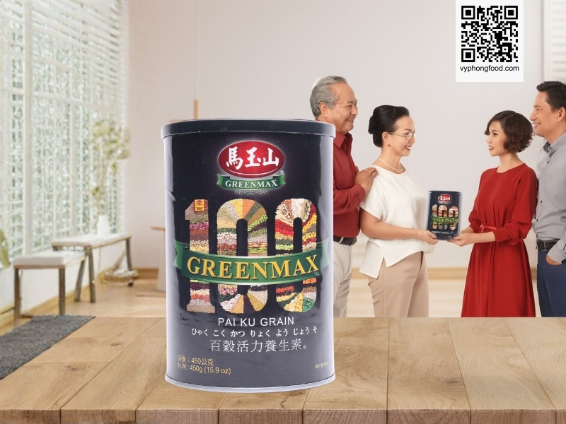 A premium multigrain nutrition image featuring the Greenmax Pai Ku Grain 450g powder from Taiwan, highlighting its 100-grain formula, health benefits, and daily usage guide.