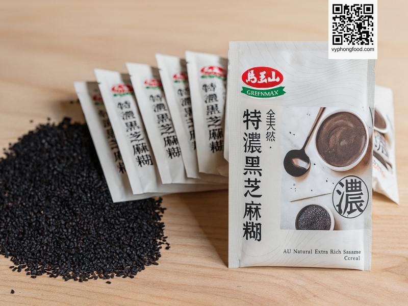 Sugar free black sesame cereal Greenmax Taiwan in sachets served in a cup as a convenient healthy no sugar added multigrain breakfast for modern adults