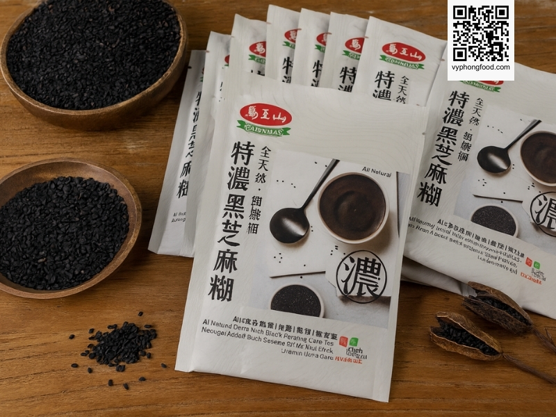 Sugar free black sesame cereal Greenmax Taiwan in sachets served in a cup as a convenient healthy no sugar added multigrain breakfast for modern adults