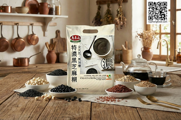 Bột ngũ cốc dinh dưỡng từ mè đen và các loại hạt Greenmax Đài Loan chính hãng trên nền thiên nhiên, sản phẩm không đường tốt cho người tiểu đường và ăn kiêng Keto.