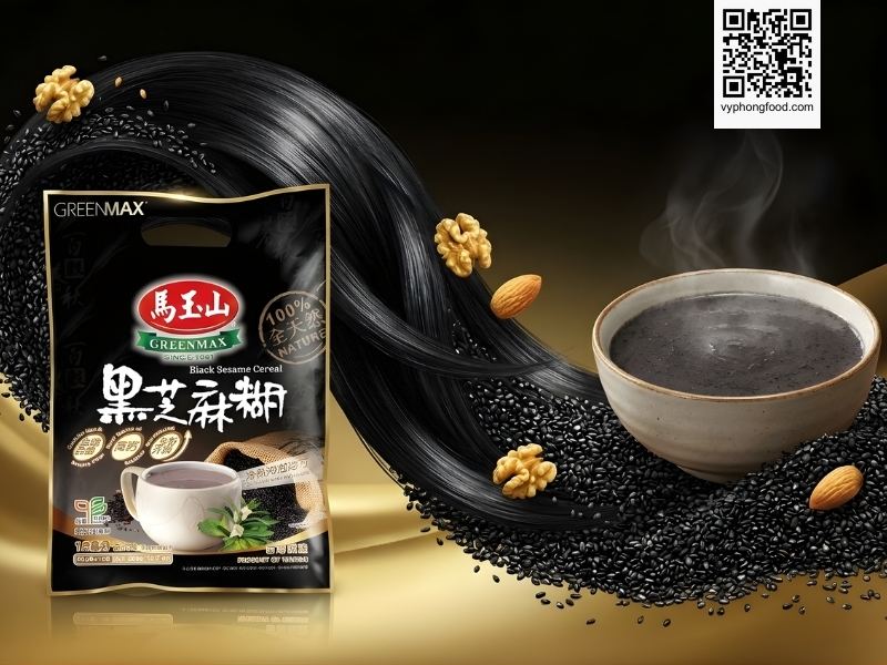 Bột ngũ cốc dinh dưỡng từ mè đen và các loại hạt Greenmax Đài Loan chính hãng trên nền thiên nhiên, hỗ trợ làm đẹp da và tóc.
