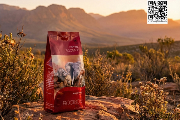 Hộp hồng trà Rooibos Nam Phi African Dawn túi lọc đặt giữa thiên nhiên vùng núi Cederberg, nhập khẩu chính ngạch bởi Veggie.