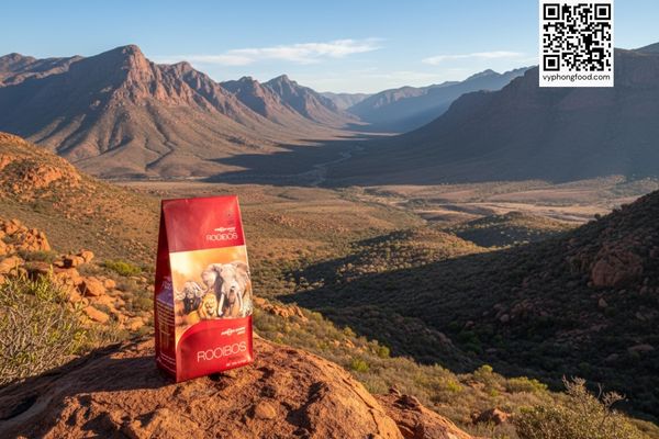 Hộp hồng trà Rooibos Nam Phi African Dawn túi lọc đặt giữa thiên nhiên vùng núi Cederberg, nhập khẩu chính ngạch bởi Veggie.