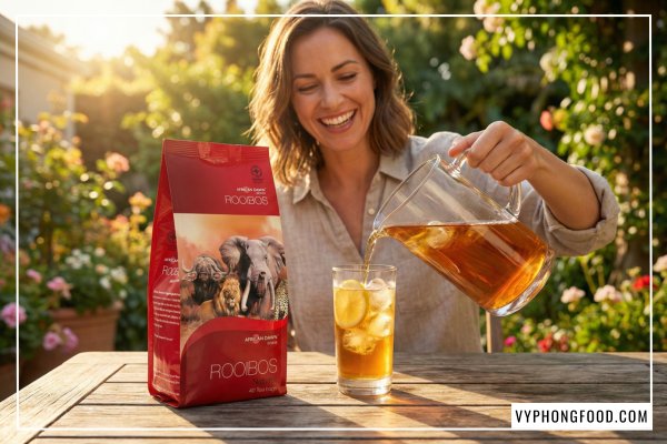 Hướng dẫn cách pha hồng trà rooibos Nam Phi chuẩn vị nóng ấm và trà rooibos lạnh Cold Brew thanh mát từ túi lọc African Dawn.