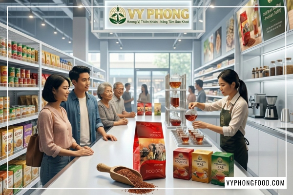 A cinematic wide shot capturing the expansive, high-end interior of a VyPhongFood supermarket. Endless rows of towering, meticulously stocked product shelves stretch far into the background, creating dramatic leading lines and a sense of grand scale. At the absolute center of the supermarket, a specially designed, glowing circular display island serves as the focal point. Perched prominently at the highest, most prominent position of this central display is the specific African Dawn Rooibos Tea packaging [INSERT PRODUCT IMAGE HERE], highlighted by a powerful, warm theatrical spotlight shining directly down, making the packaging textures exceptionally sharp and vibrant. Above this central display area, a massive, illuminated overhead sign clearly displays the VyPhongFood logo [INSERT LOGO IMAGE HERE] and the store name "VYPHONGFOOD" in elegant, modern lettering. A few diverse, modern supermarket shoppers are seen walking through the wide aisles, all looking towards the central display with admiration, adding life to the scale. Cinematic Hollywood lighting aesthetic, vibrant color palette, high contrast, warm lighting focusing on the center, wide-angle lens effect to emphasize the supermarket size. 8k resolution, hyper-detailed, hyper-realistic, incredibly sharp packaging details, absolutely no text anywhere except on the packaging and the main storefront sign. --ar 3:2