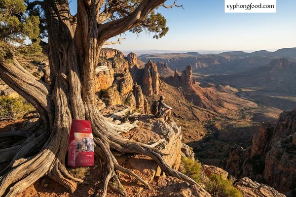 Hồng trà Rooibos Nam Phi thương hiệu African Dawn dạng túi lọc trên nền trang trại Groenkol và vùng núi Cederberg hùng vĩ.
