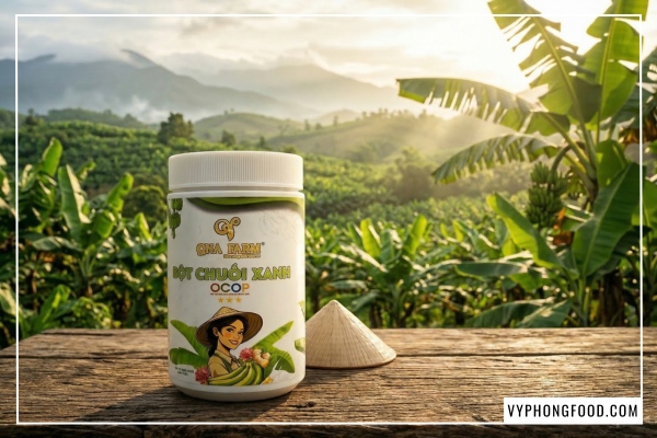 Hình ảnh sản phẩm bột chuối xanh QNA Farm nguyên chất sấy lạnh giúp bảo vệ sức khỏe đường ruột và hỗ trợ điều trị đau dạ dày.