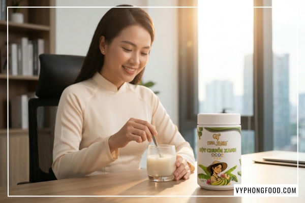 Hình ảnh sản phẩm bột chuối xanh QNA Farm nguyên chất sấy lạnh giúp bảo vệ sức khỏe đường ruột và hỗ trợ điều trị đau dạ dày.