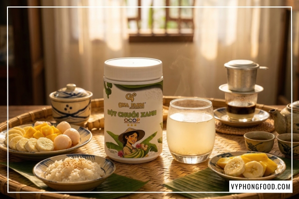 Bột chuối xanh hữu cơ QNA Farm nguyên chất sấy lạnh giữ trọn hàm lượng tinh bột kháng.