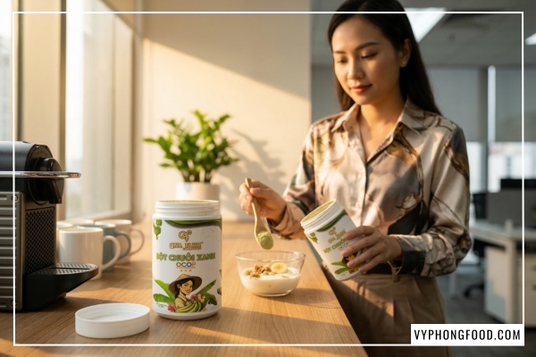 Bột chuối xanh hữu cơ QNA Farm nguyên chất sấy lạnh giúp giảm cân tự nhiên và đánh bay eo bánh mì cho dân văn phòng.