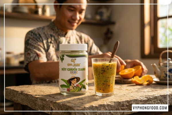 Bột chuối xanh hữu cơ QNA Farm nguyên chất sấy lạnh giúp giảm cân tự nhiên và đánh bay eo bánh mì cho dân văn phòng.