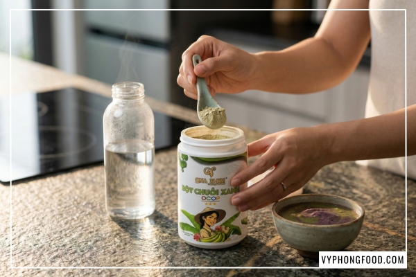 Hũ bột chuối xanh hữu cơ QNA Farm nguyên chất sấy lạnh giúp giảm căng thẳng công sở và hỗ trợ điều trị đau dạ dày