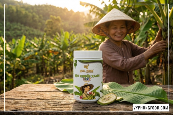 Bột chuối xanh QNA Farm nguyên chất đạt chuẩn OCOP 3 sao hỗ trợ ổn định đường huyết cho người tiểu đường. Veggie.vn đang bán.