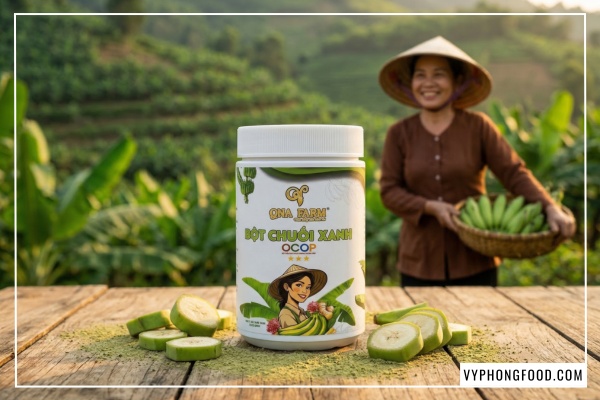 Hình ảnh bột chuối xanh hữu cơ QNA Farm nguyên chất sấy lạnh giàu tinh bột kháng hỗ trợ dạ dày và sức khỏe đường ruột