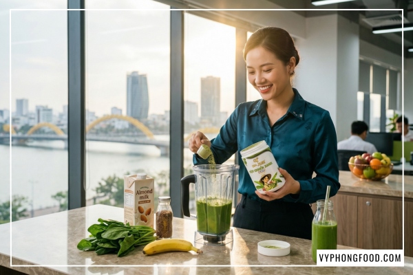 Đồ họa tổng hợp 5 công dụng của bột chuối xanh hữu cơ QNA Farm cho sức khỏe.