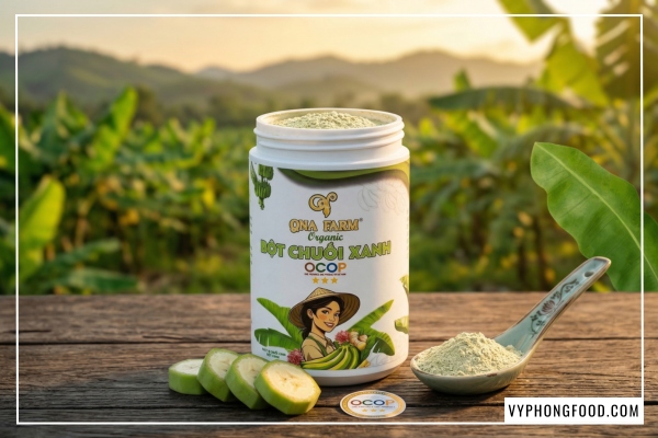 Đồ họa tổng hợp 5 công dụng của bột chuối xanh hữu cơ QNA Farm cho sức khỏe.