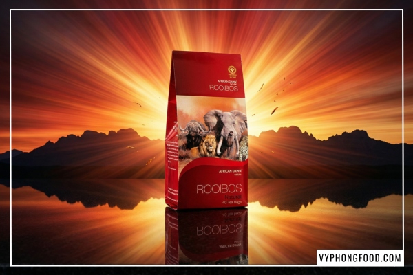 Đồ họa tổng hợp 10 lợi ích tuyệt vời trả lời cho câu hỏi trà rooibos có tác dụng gì đối với sức khỏe, nổi bật là sản phẩm trà thảo mộc Nam Phi thương hiệu African Dawn.
