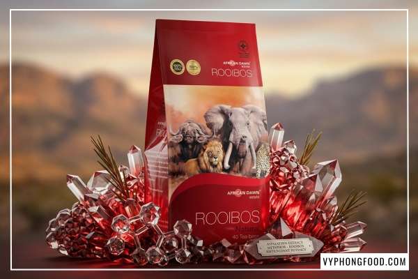 Đồ họa tổng hợp 10 lợi ích tuyệt vời trả lời cho câu hỏi trà rooibos có tác dụng gì đối với sức khỏe, nổi bật là sản phẩm trà thảo mộc Nam Phi thương hiệu African Dawn.