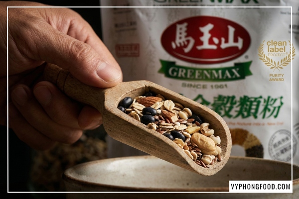 Hình ảnh gói bột ngũ cốc dinh dưỡng giảm cân Greenmax Đài Loan với tem chứng nhận Clean Label và các loại hạt ngũ cốc tự nhiên, nhập khẩu chính ngạch bởi veggie.vn.