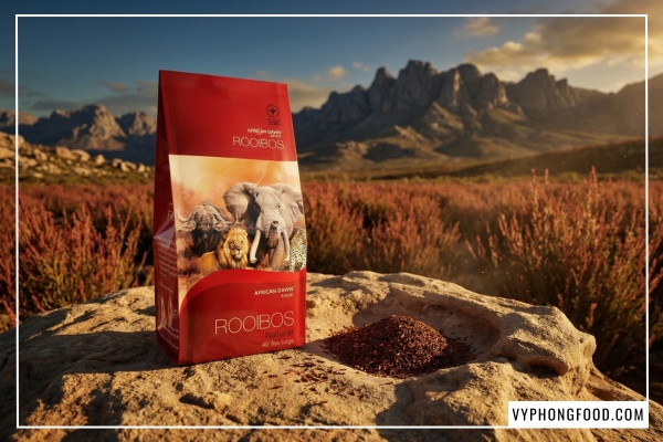 Hộp hồng trà Rooibos Nam Phi thương hiệu African Dawn dạng túi lọc từ vùng Cederberg nhập khẩu chính ngạch bởi Veggie.