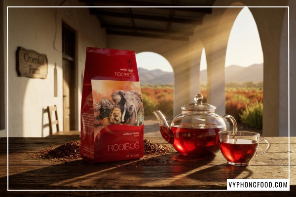 Hộp hồng trà Rooibos Nam Phi thương hiệu African Dawn dạng túi lọc từ vùng Cederberg nhập khẩu chính ngạch bởi Veggie.