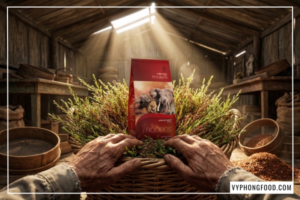 Hộp hồng trà Rooibos Nam Phi thương hiệu African Dawn dạng túi lọc từ vùng Cederberg nhập khẩu chính ngạch bởi Veggie.