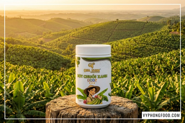 Hình ảnh hộp bột chuối xanh hữu cơ QNA Farm nguyên chất sấy lạnh, giải pháp hỗ trợ chữa dạ dày và giảm cân tự nhiên.