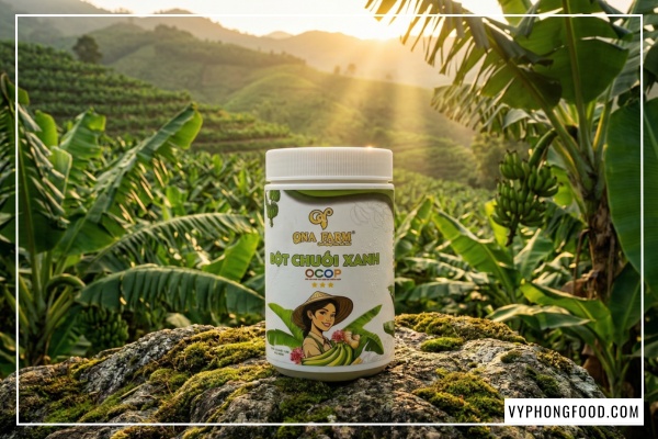 Hũ bột chuối xanh QNA Farm nguyên chất sấy lạnh đạt chuẩn OCOP hỗ trợ dạ dày và giảm cân.