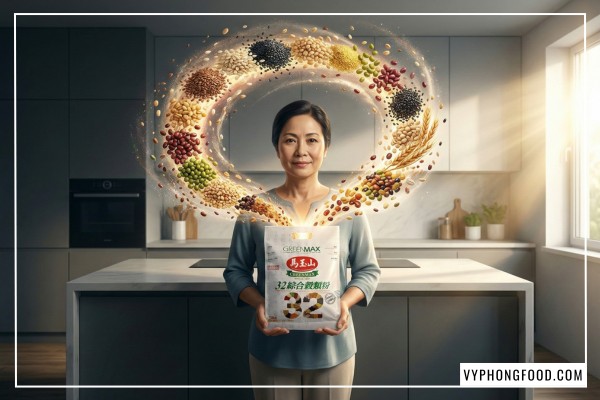 Hình ảnh cô gái trẻ tràn đầy năng lượng buổi sáng bên ban công cùng ly bột ngũ cốc dinh dưỡng giảm cân Greenmax. Cạnh đó là túi sản phẩm và thành phần nguyên bản gồm các loại hạt ngũ cốc tốt cho sức khỏe. Với nguồn ngũ cốc giàu chất xơ, omega-3 thực vật từ hạt lanh và Sesamin từ mè đen, đây là giải pháp bột ngũ cốc giảm cân an toàn và tiện lợi cho dân văn phòng.