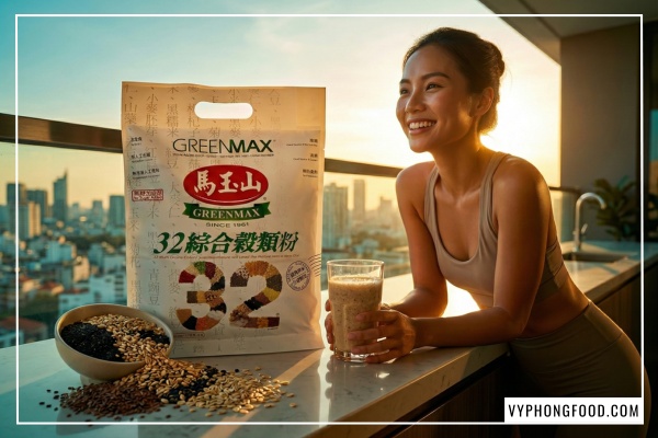 Hình ảnh cô gái trẻ tràn đầy năng lượng buổi sáng bên ban công cùng ly bột ngũ cốc dinh dưỡng giảm cân Greenmax. Cạnh đó là túi sản phẩm và thành phần nguyên bản gồm các loại hạt ngũ cốc tốt cho sức khỏe. Với nguồn ngũ cốc giàu chất xơ, omega-3 thực vật từ hạt lanh và Sesamin từ mè đen, đây là giải pháp bột ngũ cốc giảm cân an toàn và tiện lợi cho dân văn phòng.