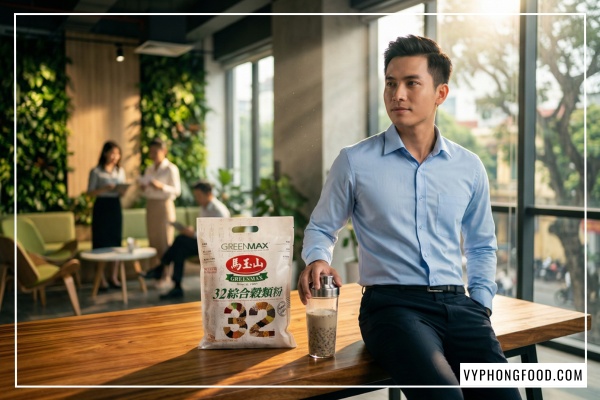 Hình ảnh cô gái trẻ tràn đầy năng lượng buổi sáng bên ban công cùng ly bột ngũ cốc dinh dưỡng giảm cân Greenmax. Cạnh đó là túi sản phẩm và thành phần nguyên bản gồm các loại hạt ngũ cốc tốt cho sức khỏe. Với nguồn ngũ cốc giàu chất xơ, omega-3 thực vật từ hạt lanh và Sesamin từ mè đen, đây là giải pháp bột ngũ cốc giảm cân an toàn và tiện lợi cho dân văn phòng.