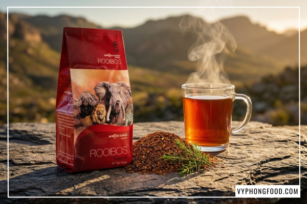 Hộp trà rooibos Nam Phi African Dawn chính hãng - Giải đáp thắc mắc trà rooibos mua ở đâu an toàn cho trẻ nhỏ và bà bầu.