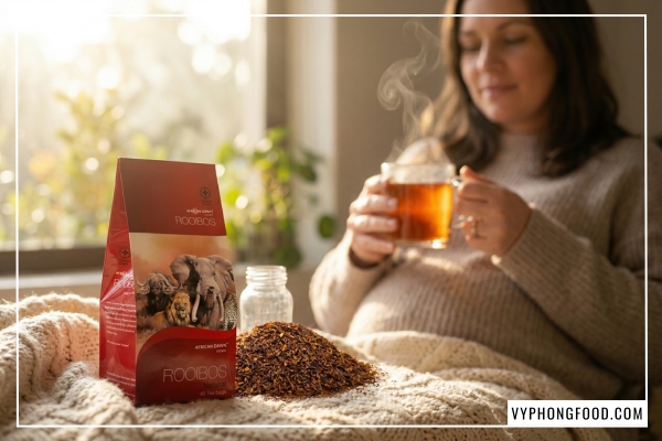 Hộp trà rooibos Nam Phi African Dawn chính hãng - Giải đáp thắc mắc trà rooibos mua ở đâu an toàn cho trẻ nhỏ và bà bầu.