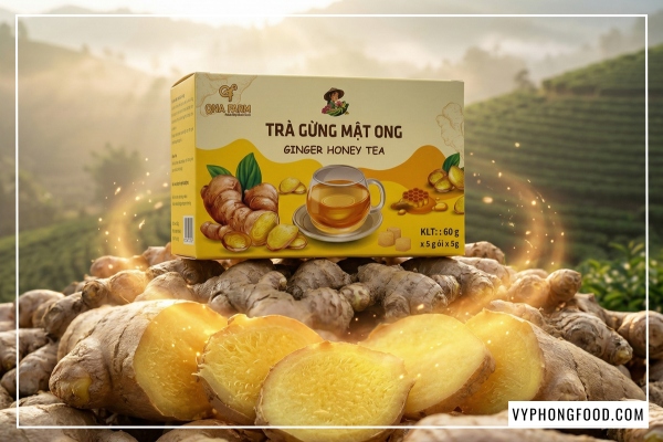 gừng sẻ tiên phước và mật ong rừng nguyên chất là những thành phần chính tạo nên công dụng của trà gừng với mật ong qna farm.