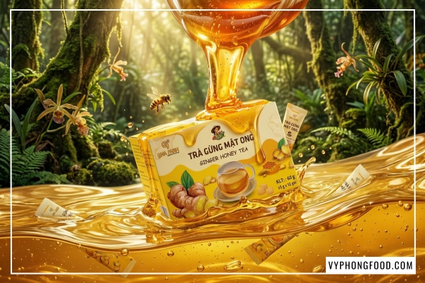 gừng sẻ tiên phước và mật ong rừng nguyên chất là những thành phần chính tạo nên công dụng của trà gừng với mật ong qna farm.