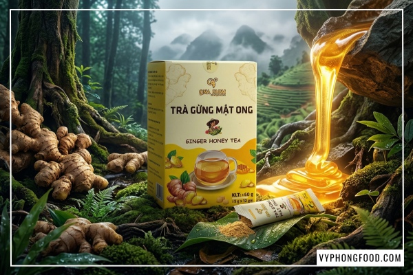gừng sẻ tiên phước và mật ong rừng nguyên chất là những thành phần chính tạo nên công dụng của trà gừng với mật ong qna farm.