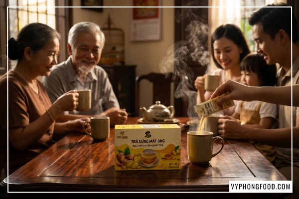 gừng sẻ tiên phước và mật ong rừng nguyên chất là những thành phần chính tạo nên công dụng của trà gừng với mật ong qna farm.