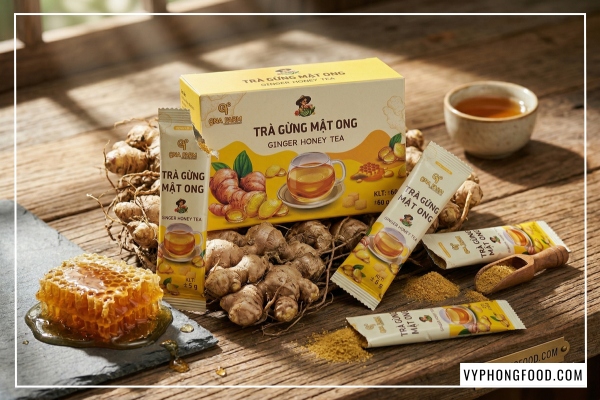 Sản phẩm Trà gừng mật ong hòa tan QNA Farm 60g giúp phát huy tối đa công dụng của trà gừng với mật ong cho sức khỏe văn phòng.