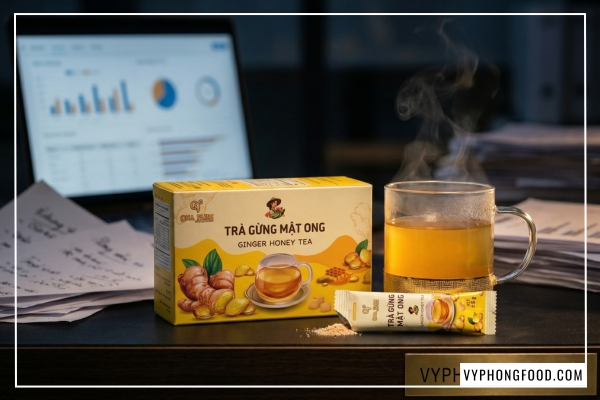 Sản phẩm Trà gừng mật ong hòa tan QNA Farm 60g giúp phát huy tối đa công dụng của trà gừng với mật ong cho sức khỏe văn phòng.