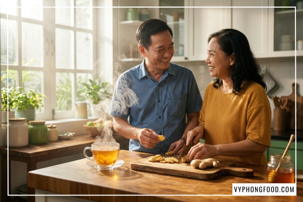 Hình ảnh minh họa công dụng của trà gừng với mật ong và cách pha trà gừng mật ong gói QNA Farm tại văn phòng chỉ trong 2 phút.