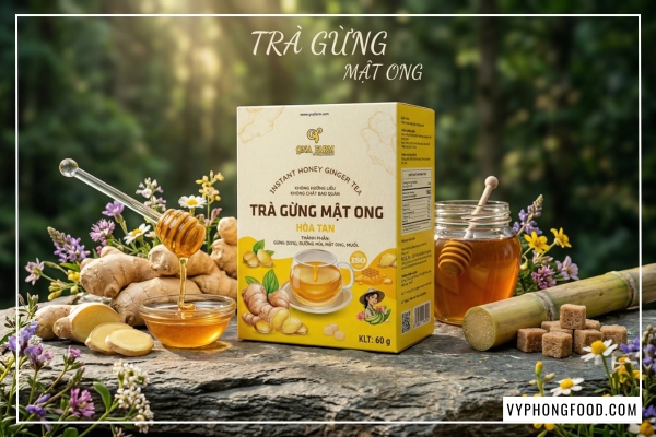 Hình ảnh minh họa công dụng của trà gừng với mật ong và cách pha trà gừng mật ong gói QNA Farm tại văn phòng chỉ trong 2 phút.