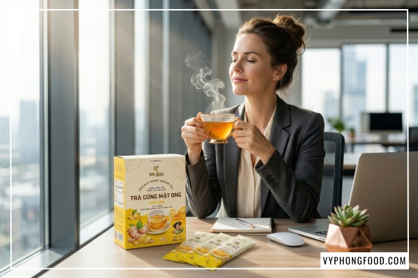 Khám phá công dụng của trà gừng với mật ong dạng bột hòa tan QNA Farm giúp xóa tan cảm giác đầy hơi, khó tiêu cho dân văn phòng ngồi nhiều. Sản phẩm từ gừng sẻ Tiên Phước nguyên chất.