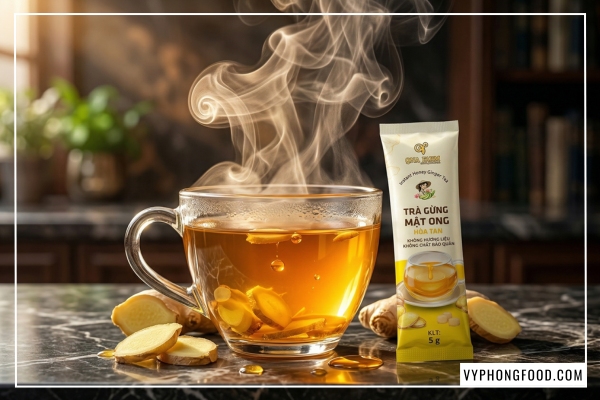 Khám phá công dụng của trà gừng với mật ong dạng bột hòa tan QNA Farm giúp xóa tan cảm giác đầy hơi, khó tiêu cho dân văn phòng ngồi nhiều. Sản phẩm từ gừng sẻ Tiên Phước nguyên chất.