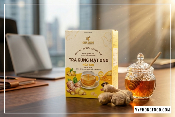 Khám phá công dụng của trà gừng với mật ong dạng bột hòa tan QNA Farm giúp xóa tan cảm giác đầy hơi, khó tiêu cho dân văn phòng ngồi nhiều. Sản phẩm từ gừng sẻ Tiên Phước nguyên chất.