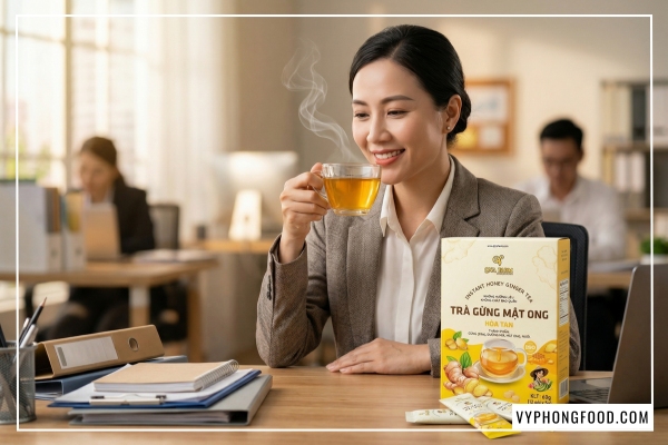 Sản phẩm trà gừng mật ong hòa tan QNA Farm giúp phát huy tối đa công dụng của trà gừng với mật ong trong việc trị ho và làm ấm cổ họng cho người làm việc trong phòng máy lạnh.